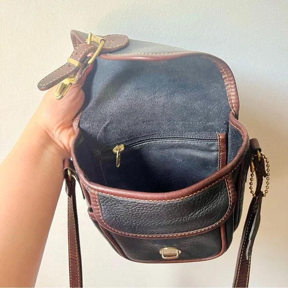 Vintage Roots Saddle Black Leather Crossbody with Brown Trim and Brass Buckle - Picture 6 of 11